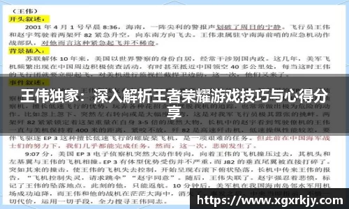 王伟独家：深入解析王者荣耀游戏技巧与心得分享